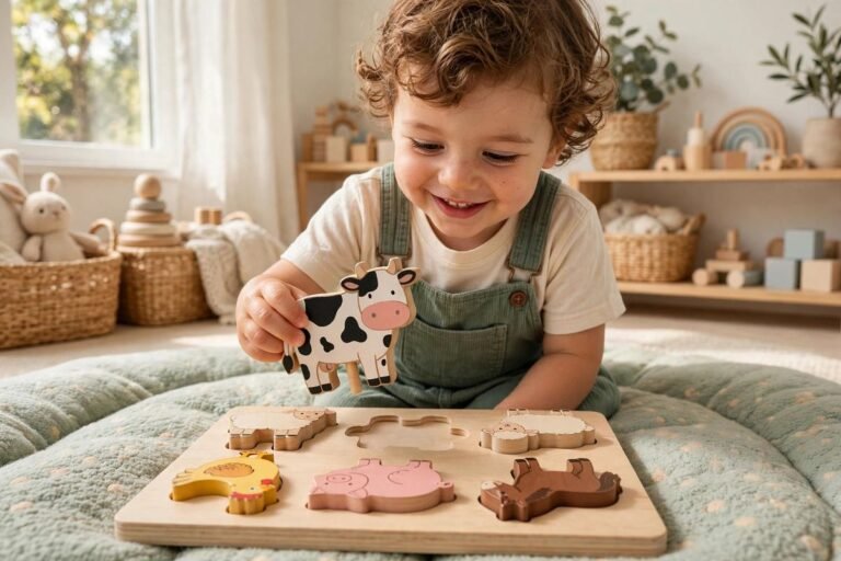 A smiling toddler holds a thick wooden farm piece from a set of chunky puzzles for toddlers on a soft play mat.