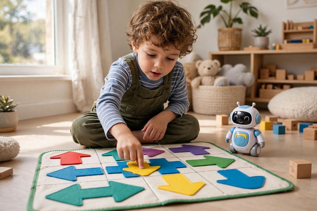 A preschool child presses colorful direction tiles while playing with coding toys for preschoolers on a bright playroom floor.