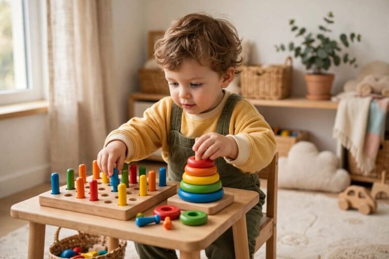 A toddler playing with colourful fine motor toys for toddlers at a small table, stacking rings and placing chunky pegs with both hands.