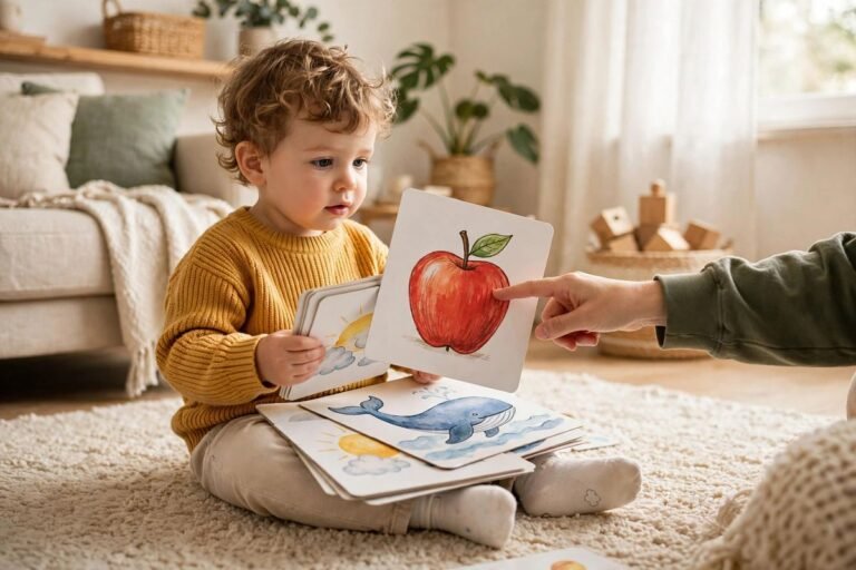 A toddler sits on a soft rug holding flashcards for toddlers while a parent points to a picture of an apple.
