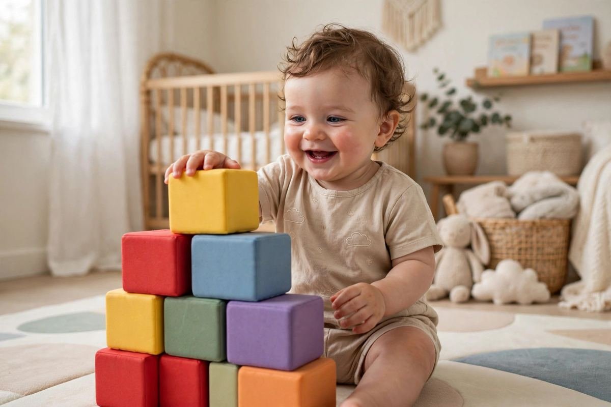 A smiling baby stacking colorful foam building blocks for babies on a soft play mat at home.