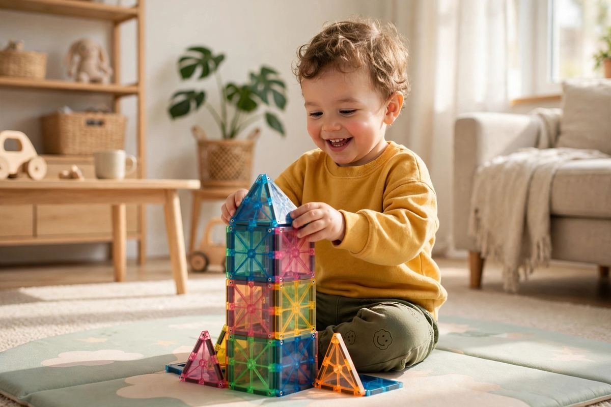 A happy toddler building a colorful tower with magnetic building tiles for toddlers on a soft play mat.