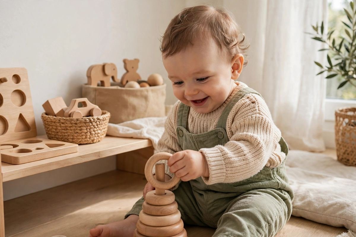 A smiling one year old stacking wooden rings while exploring montessori toys for 1 year olds on a low shelf at home.
