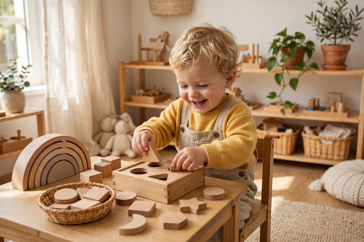 A happy two year old sorting wooden shapes while playing with montessori toys for 2 year olds at a small table.