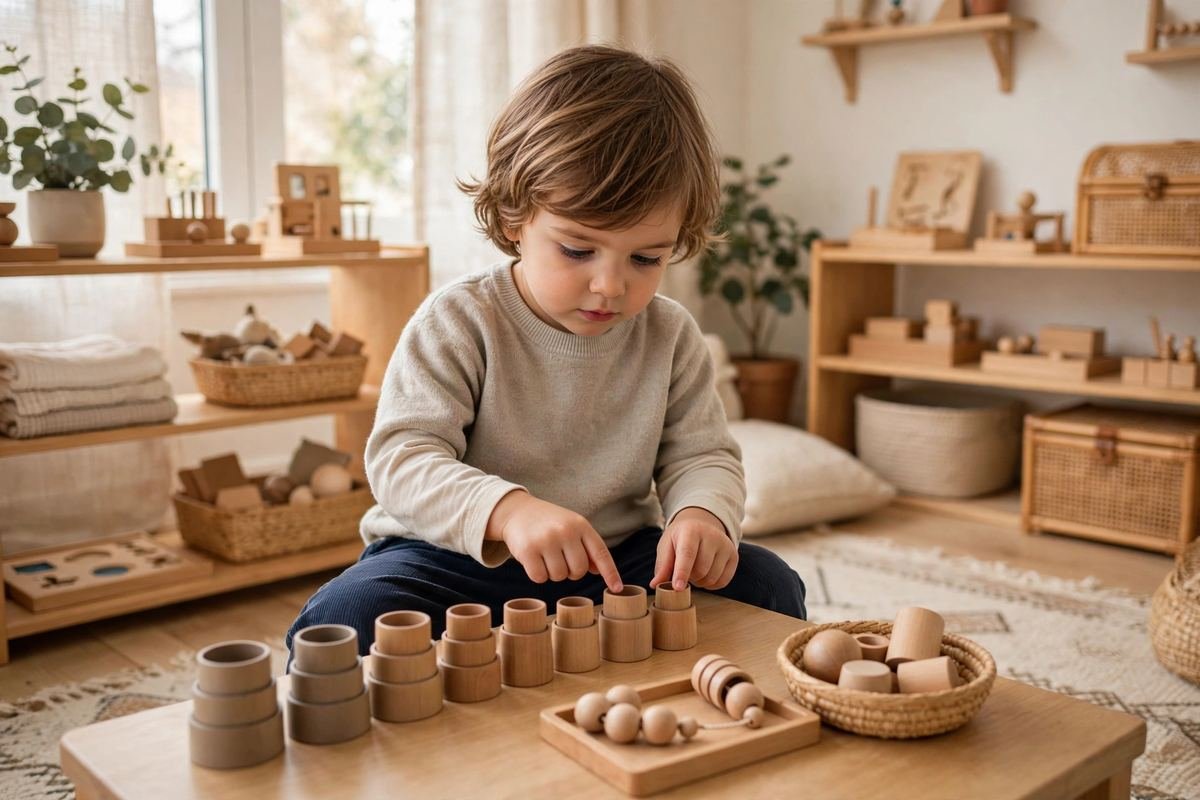 A focused three year old counting wooden cups while enjoying montessori toys for 3 year olds in a bright playroom.