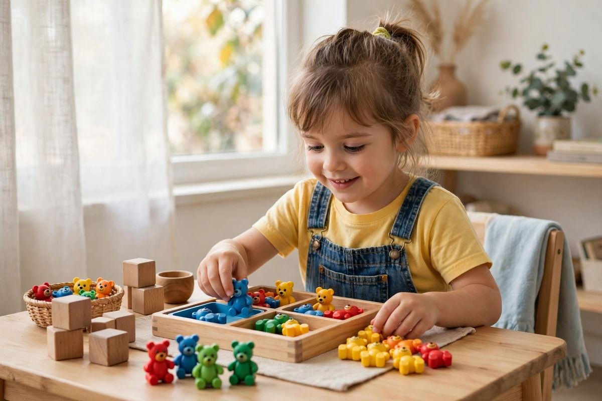 A preschool child sorting colorful bears and cubes while playing with number counting toys for preschoolers on a table.