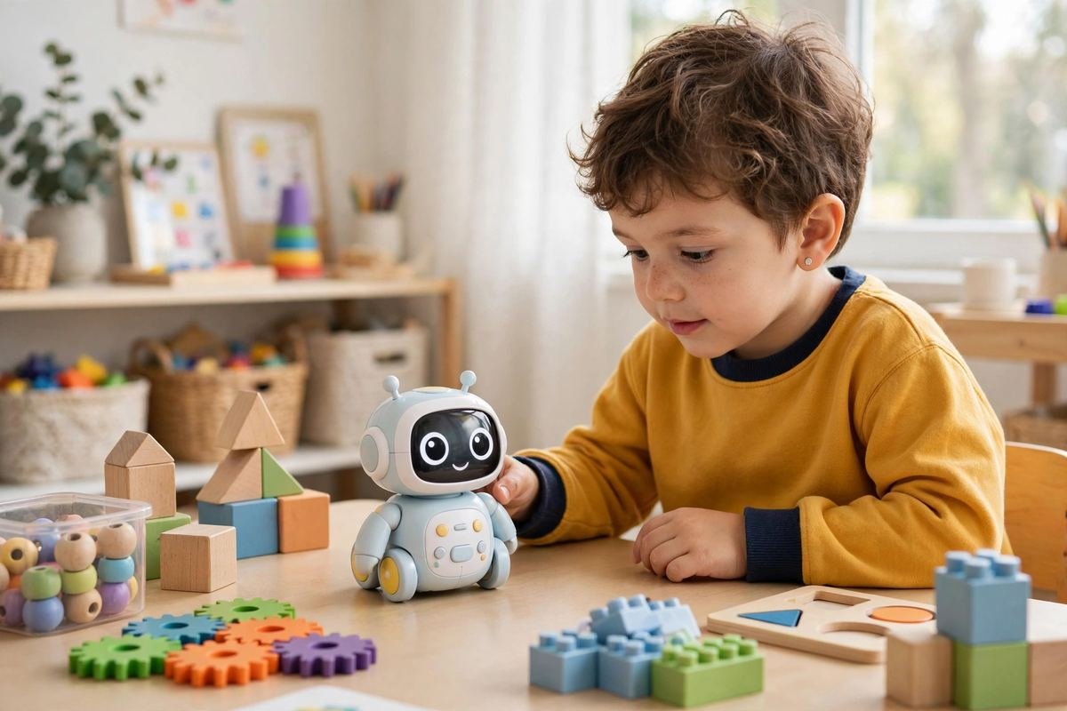 A curious preschooler testing a small robot while exploring stem toys for preschoolers at a classroom table.