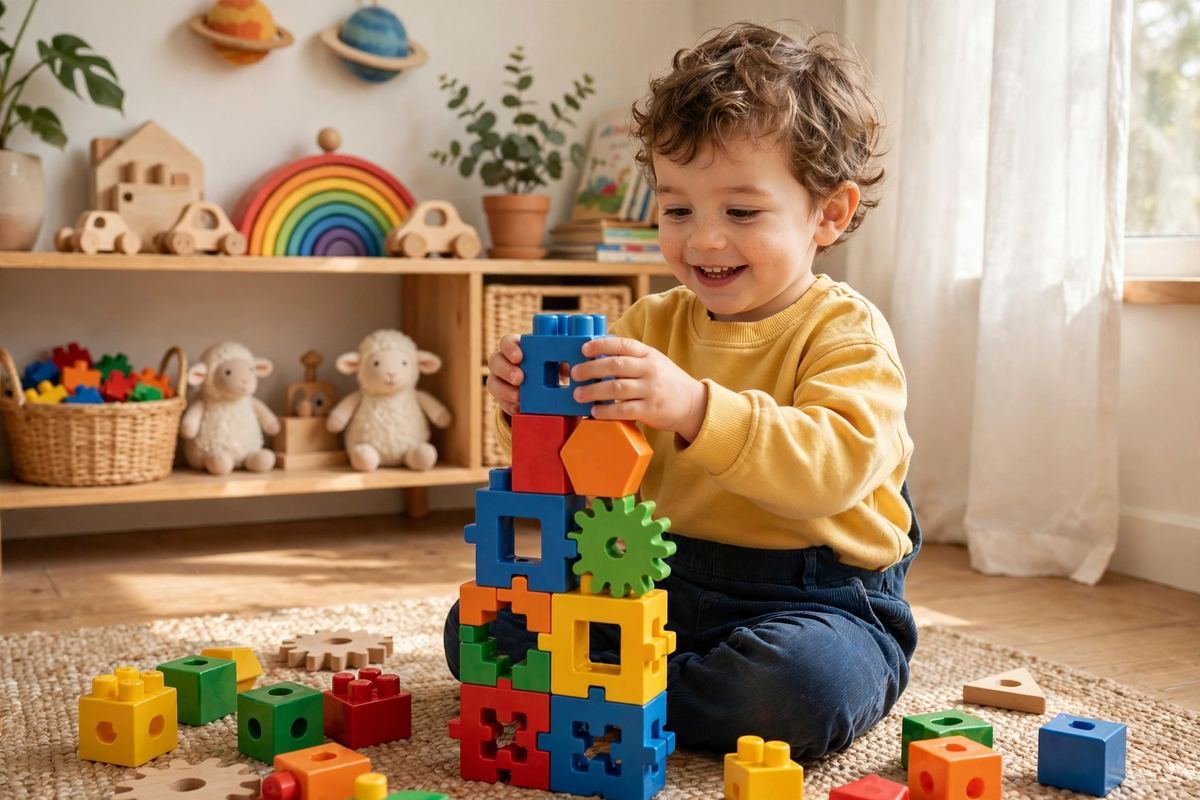 A cheerful toddler building a first tower with chunky blocks while playing with stem toys for toddlers on the floor.